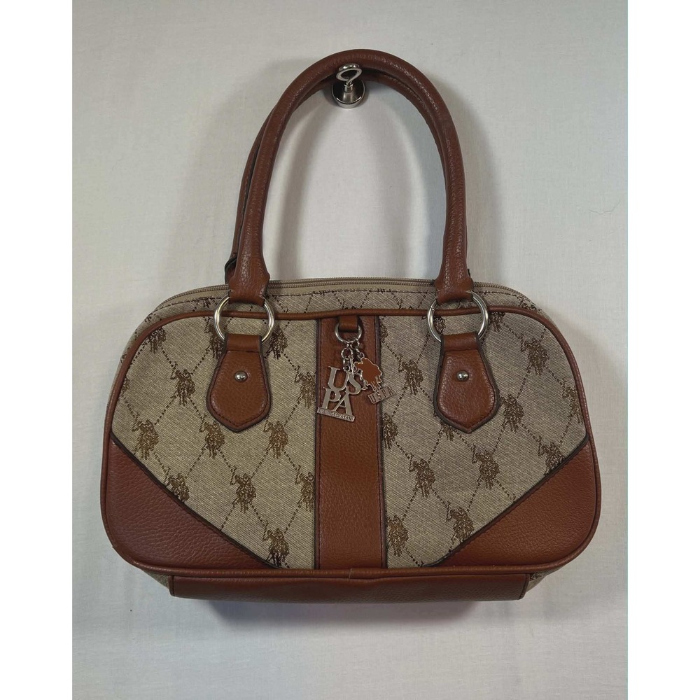US Polo Assn Monogram Satchel Handbag Brown Canvas Faux Leather Horse Print Logo